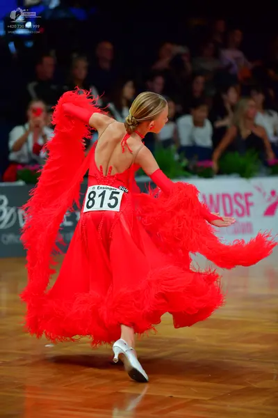 Dancesport competitor #815: Female dancer: red latin dress with long sleeves and extensive red fringe