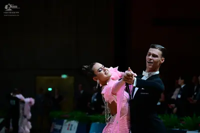 Dancesport competitor: Male dancer: black ballroom suit with a white shirt and white bow tie