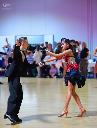 Dancesport competitor: Male dancer: black suit with a white shirt and black trousers