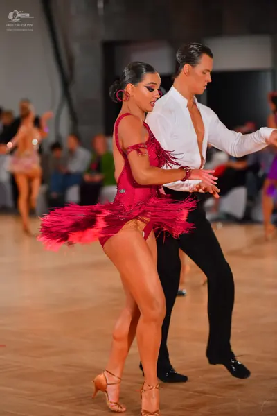 Dancesport competitor: Female dancer: deep red/magenta Latin dress with fringe and sequins