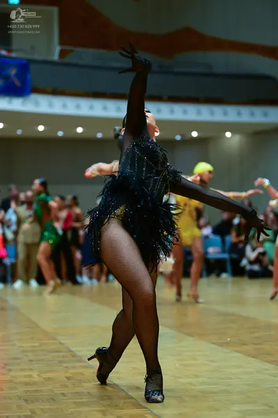 Dancesport competitor: Foreground dancer: black Latin dance dress with heavy fringe and sheer long slee