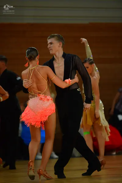 Dancesport competitor: Male:** Black tailsuit with sequin lapels, black shoes, and a red rose boutonnie