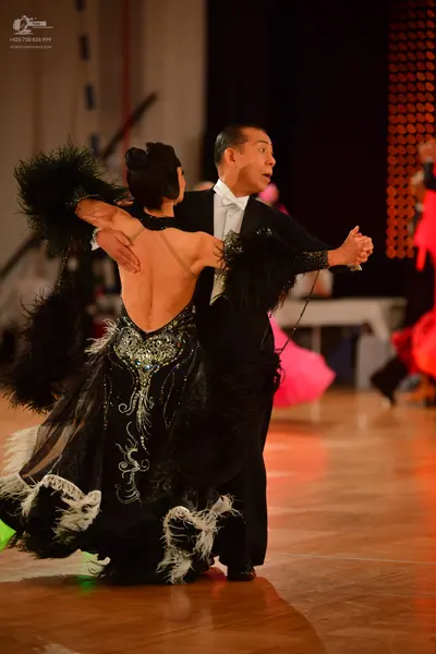 Dancesport competitor: Female dancer: black Latin dress with silver sequin patterns and white feathery 