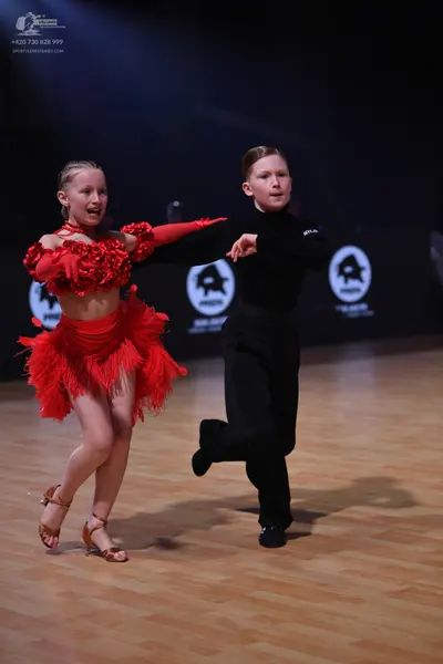 Dancesport competitor: Female dancer: red latin dress with a textured, ruffled top and a long fringe sk