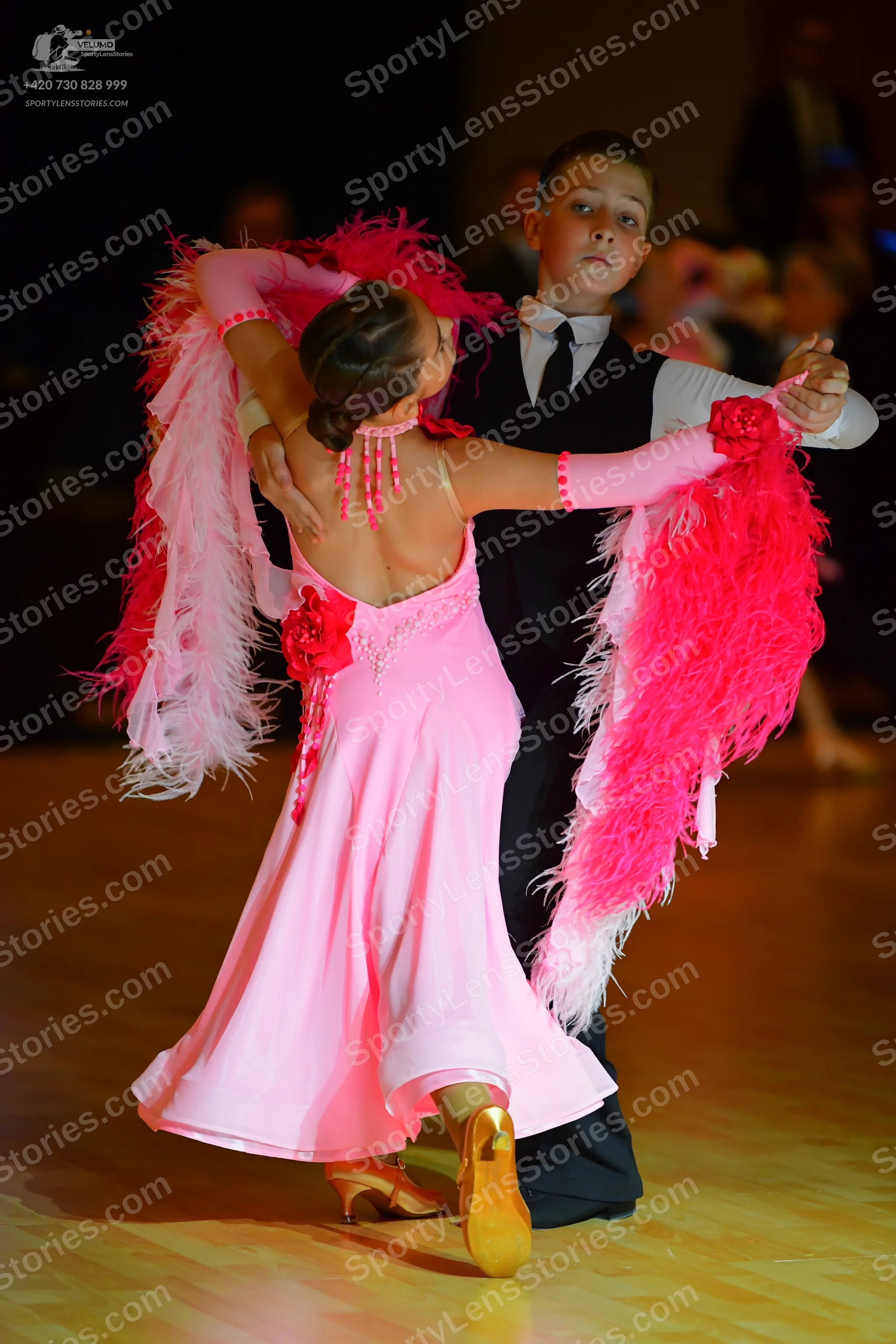 Dancesport competitor: Female dancer: pink latin dance dress with large pink and white feather adornmen