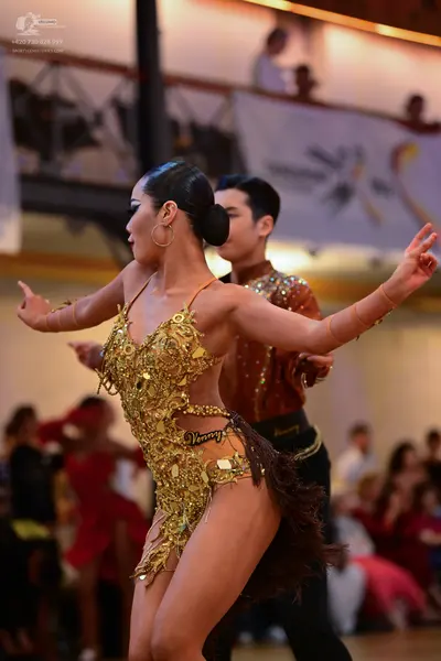 Dancesport competitor: Male dancer: bronze-colored shirt with heavy sequin and crystal embellishments, 