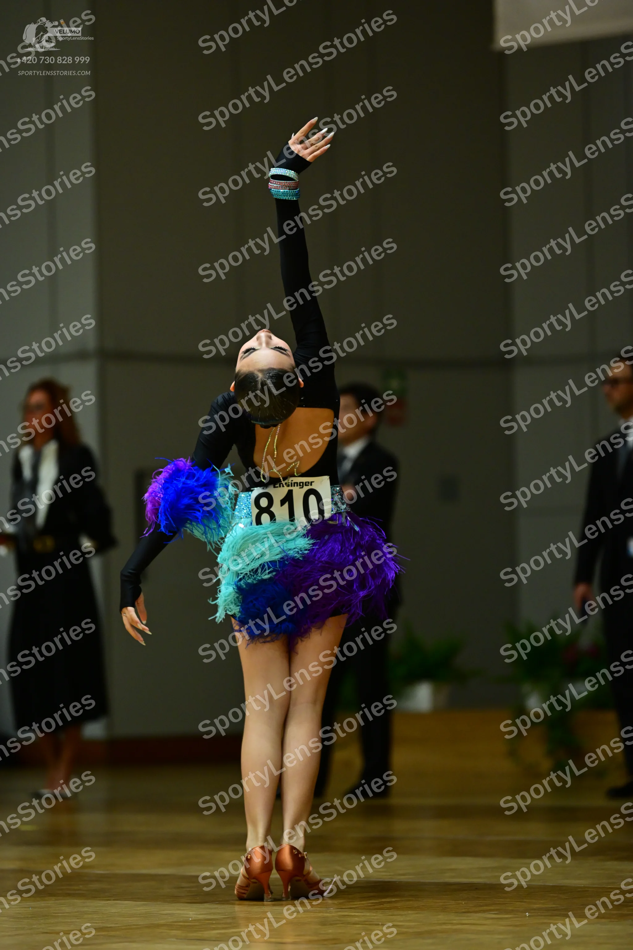 Dancesport competitor #810: Female dancer: black long-sleeved top with a voluminous multi-colored feather sk
