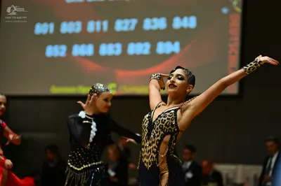 Dancesport competitor: Female dancer in foreground: leopard print latin dance costume with sparkly embe