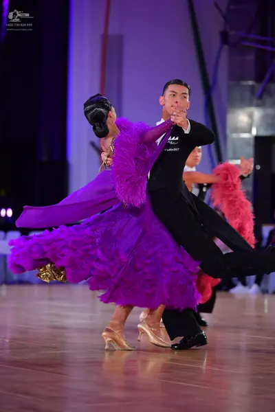 Dancesport competitor: Female dancer: purple ballroom dress with a voluminous, multi-layered ruffled sk