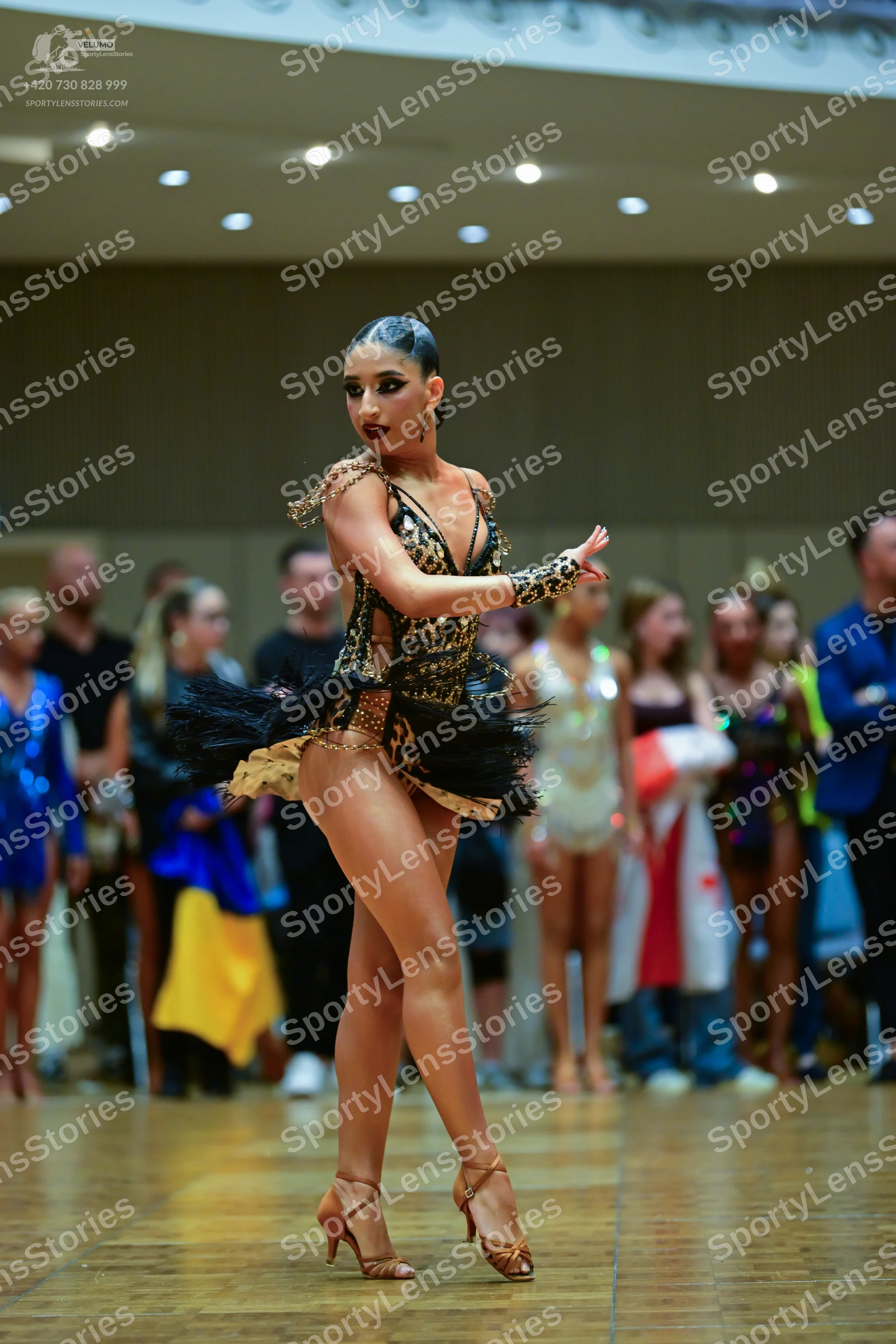 Dancesport competitor: Main dancer: leopard print Latin dress in black and tan with black lace/mesh det