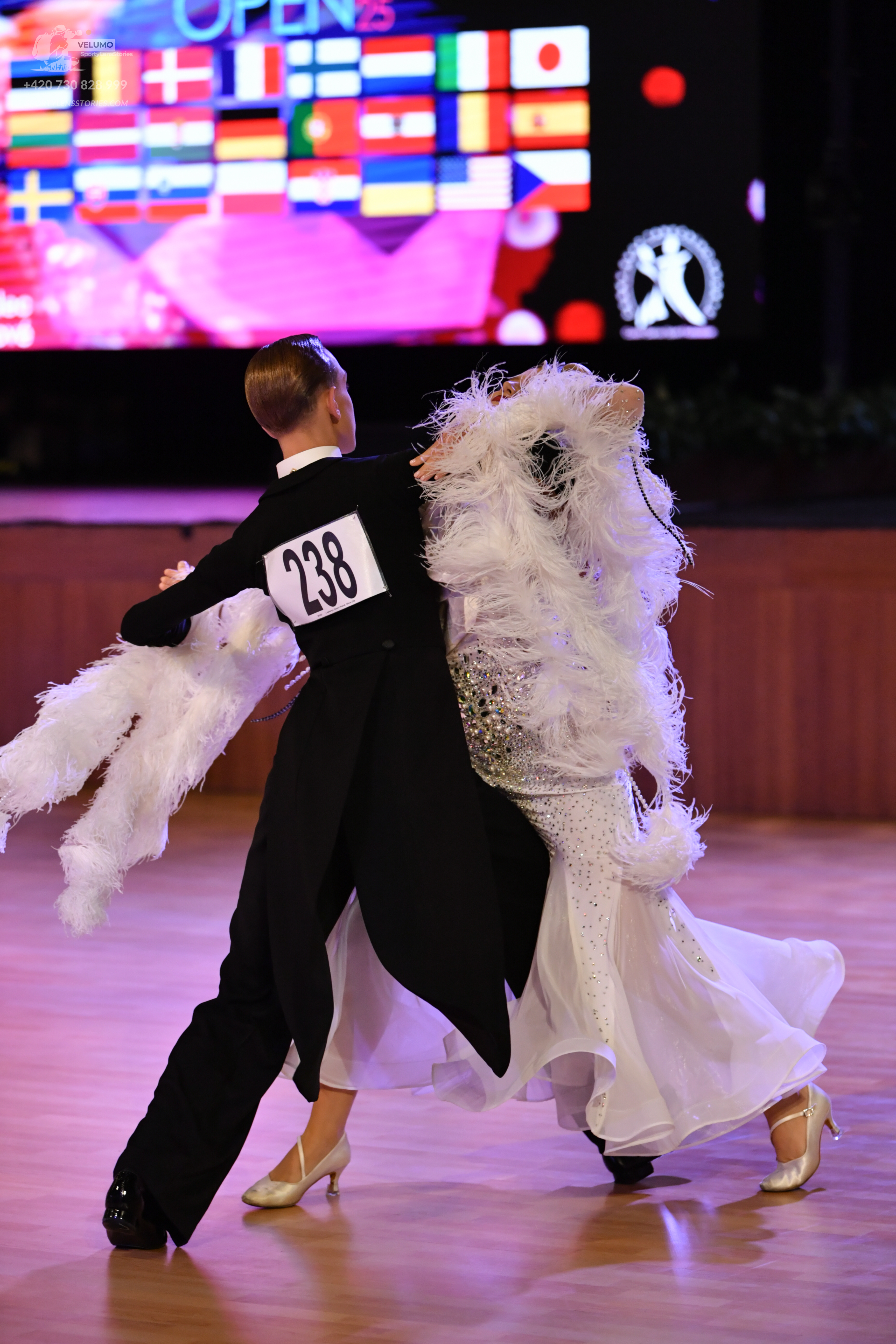 Dancesport competitor #38: Male**

*   **Color:** Black
*   **Fabric:** Satin (appears to be a textured sat