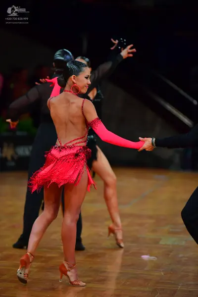 Dancesport competitor: Female dancer: bright pink Latin dress with sequins and fringe, long sleeves, la