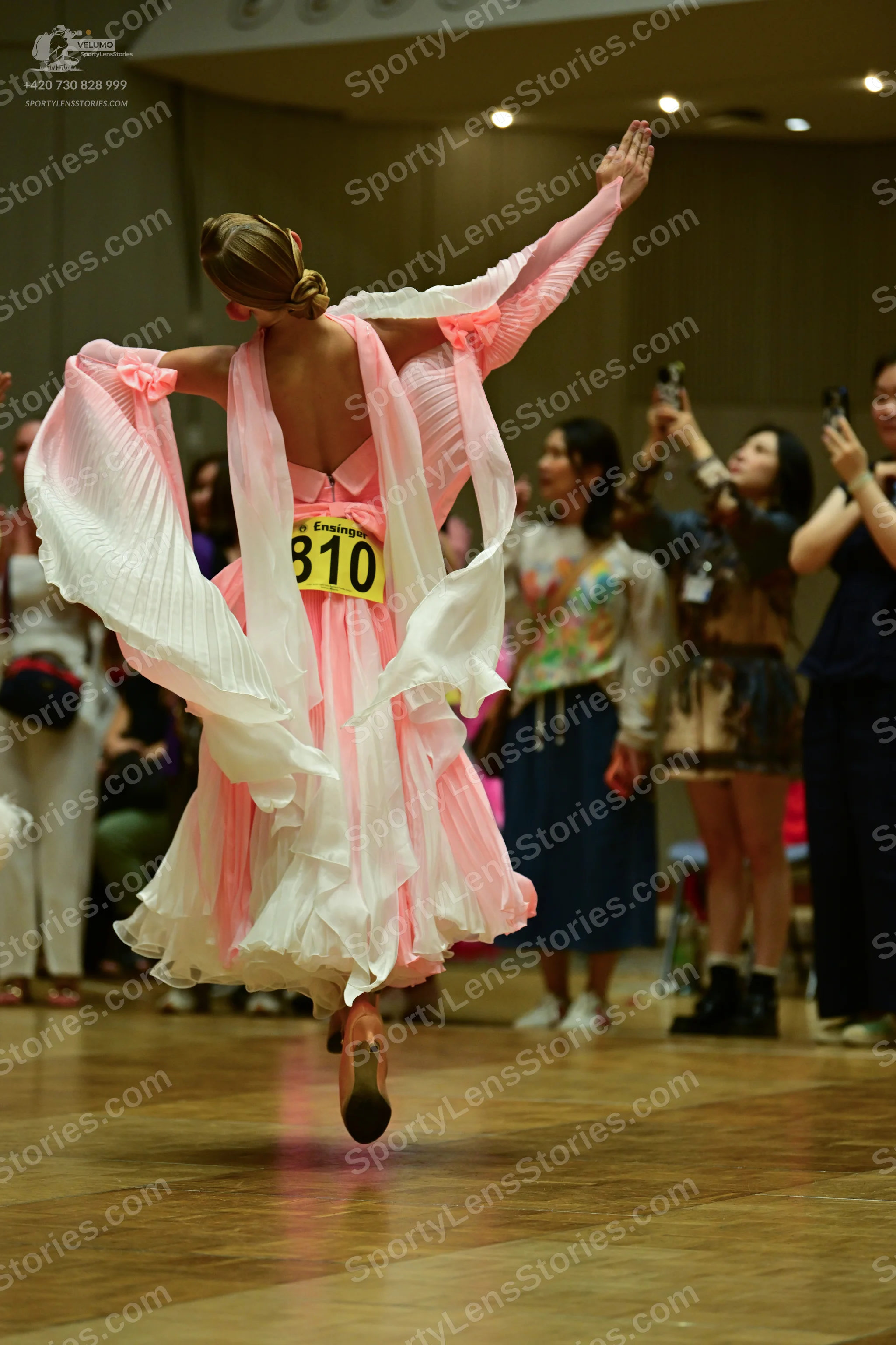 Dancesport competitor #310: ** Female: Light pink, flowing ballroom gown