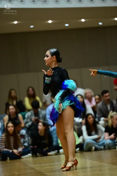 Dancesport competitor: Female:**

*   **Color:** Primarily turquoise and white with hints of black