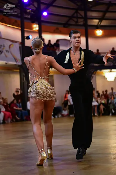 Dancesport competitor: Female dancer: gold latin dance costume with sequins and fringe, strappy back, a