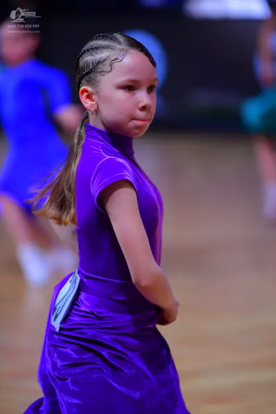 Dancesport competitor: Female dancer: purple satin dress with a high neckline and short sleeves