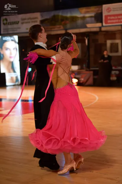 Dancesport competitor: Male dancer: black suit with a white shirt collar