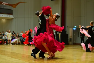 Dancesport competitor: Male dancer in foreground: black suit with white graphic on back