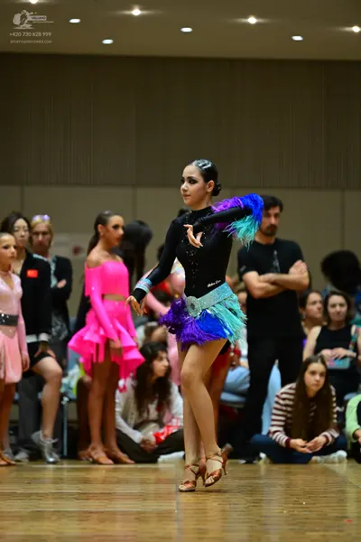 Dancesport competitor: Female dancer: black long-sleeved latin dress with colorful feather trim (blue, 