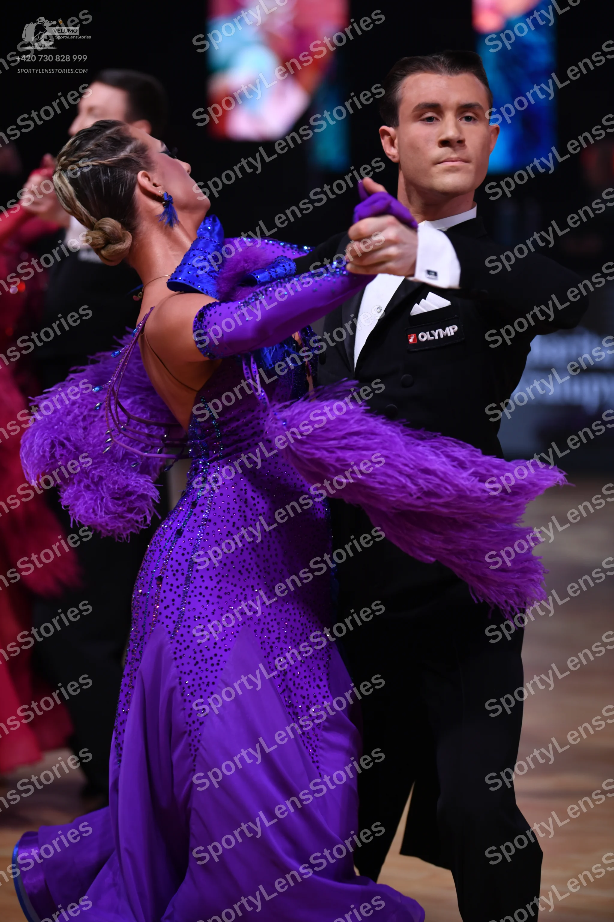 Dancesport competitor: Female dancer: purple ballgown with a sequined/beaded bodice, feather trim on th