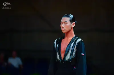 Dancesport competitor: Male dancer: black long-sleeved dance top with a deep V-neckline and silver sequ
