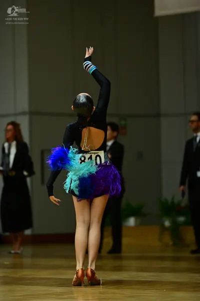 Dancesport competitor #810: Female dancer: black long-sleeved latin dress with a voluminous, multi-colored f