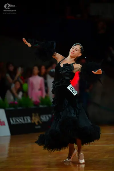 Dancesport competitor: Female dancer: black ballroom dress with voluminous, feathery layers and large, 