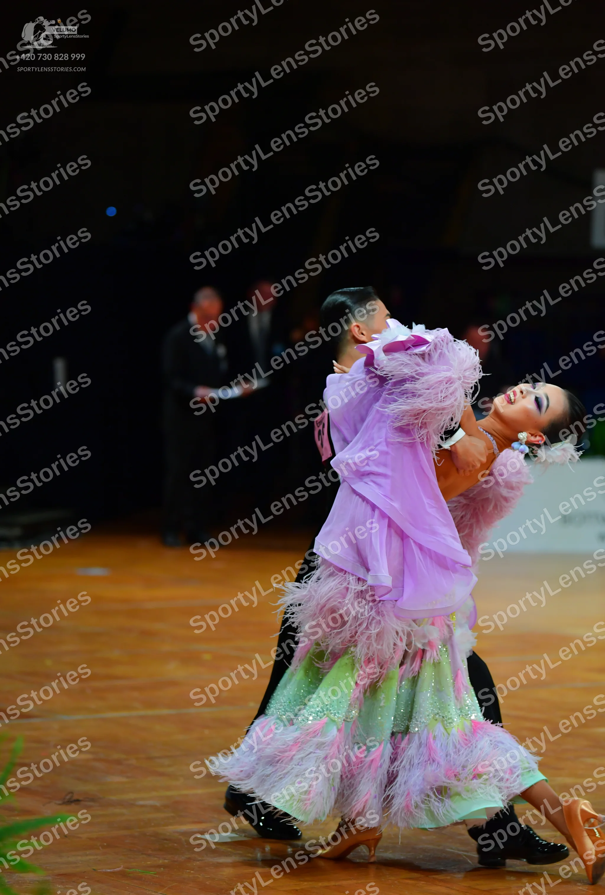 Dancesport competitor: Female dancer: light purple/lavender ballroom gown with extensive feather or fri