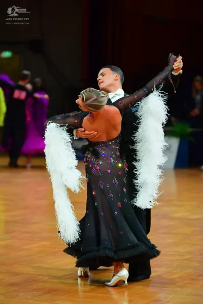 Dancesport competitor: Female dancer: black ballroom dress with sheer sleeves decorated with multi-colo