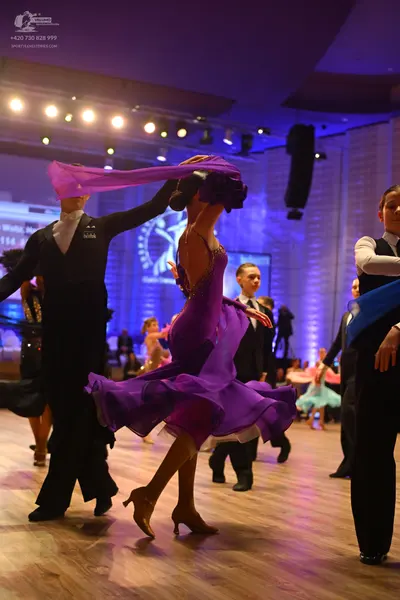 Dancesport competitor: Male dancer (left): black long-sleeved shirt and black trousers