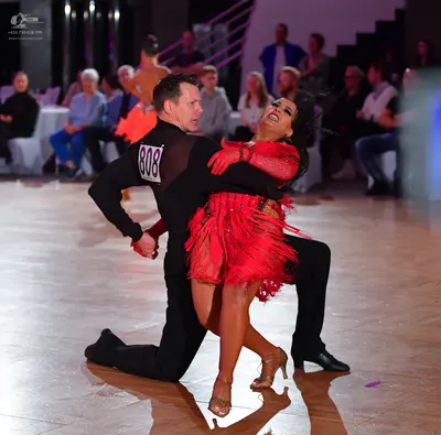 Dancesport competitor #808: Male dancer: black long-sleeved top with sheer mesh panel and black trousers