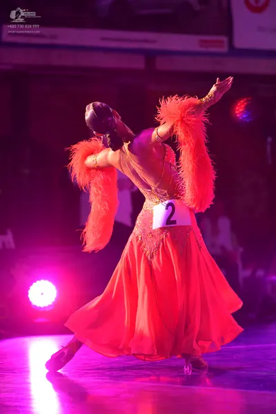 Dancesport competitor #2: ** Red Latin dress
*   **Color:** Predominantly vibrant red
*   **Fabric:** Like