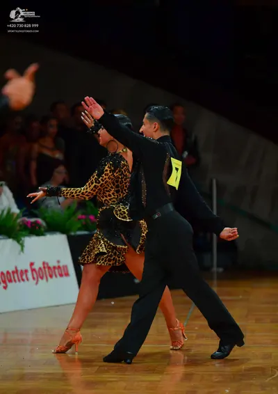 Dancesport competitor: Female dancer: leopard print latin dress with long sleeves