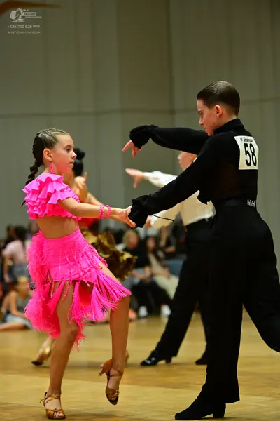 Dancesport competitor #58: Female dancer: bright pink Latin dance dress with ruffles and fringe, pink earri