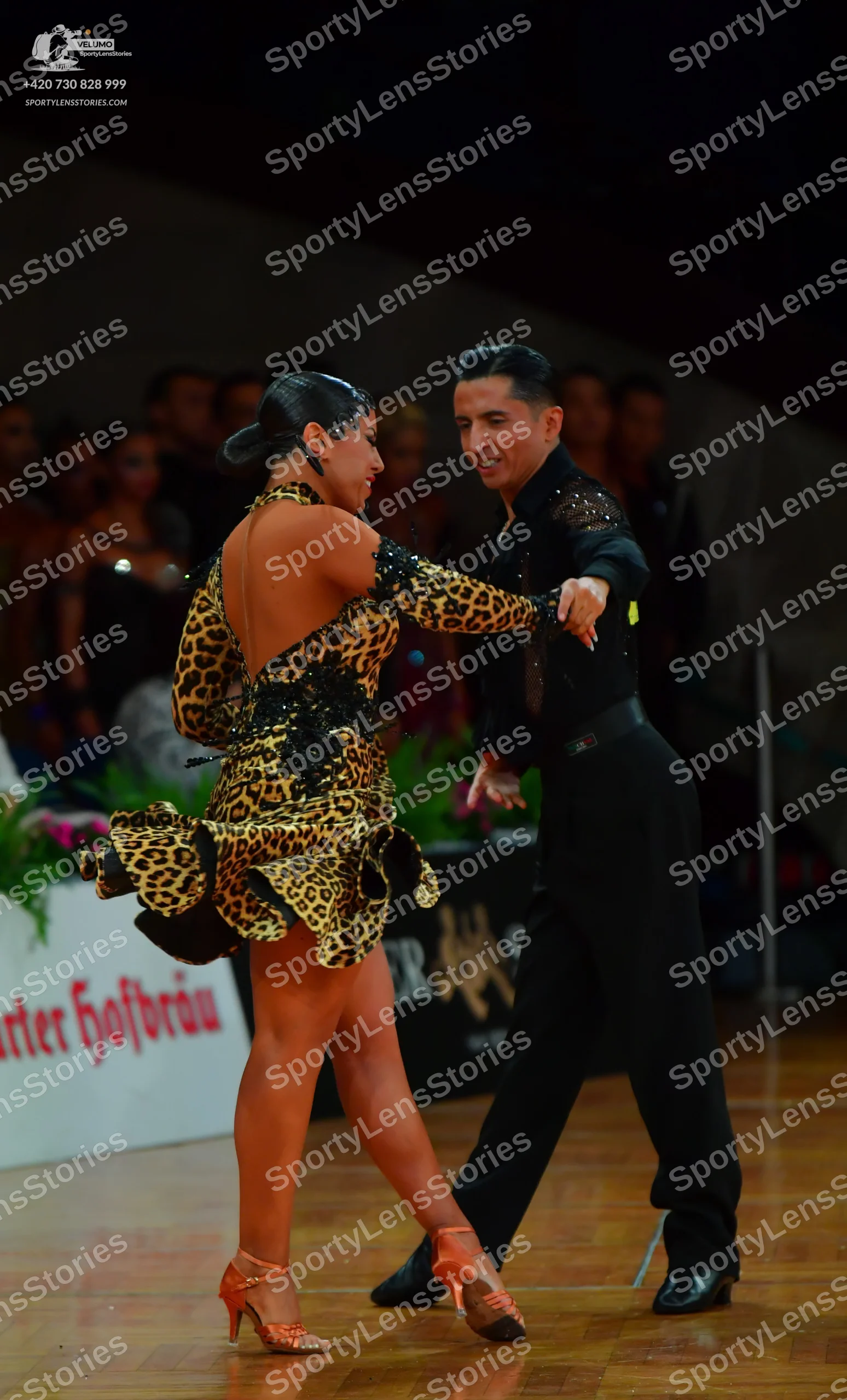 Dancesport competitor: Female dancer: leopard print latin dress with long sleeves, an open back, and bl