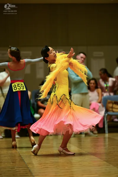 Dancesport competitor #859: ** Yellow, form-fitting, floor-length dress