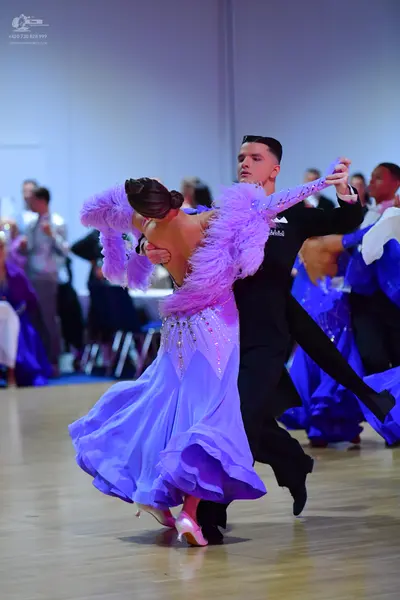 Dancesport competitor: Female dancer: lavender ballroom gown with feathered sleeves, a sequined bodice,