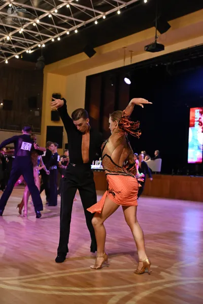 Dancesport competitor #201: Dancer on the left: black long-sleeve top and black pants