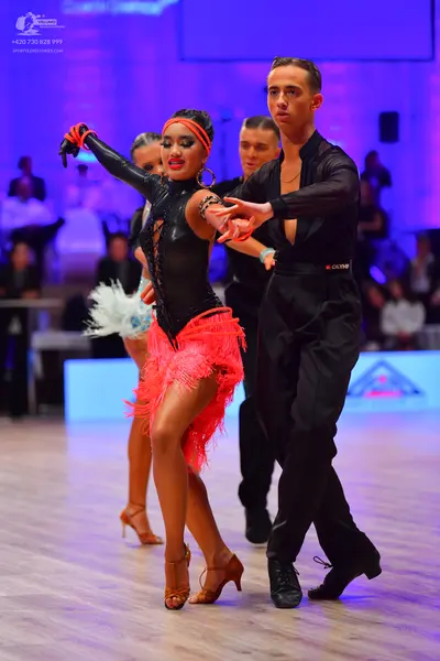 Dancesport competitor: Female dancer: black long-sleeved latin dress with a coral pink fringed skirt, r