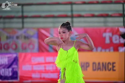 Dancesport competitor: Here's a breakdown of the dancers’ costumes in the photo, formatted as requested