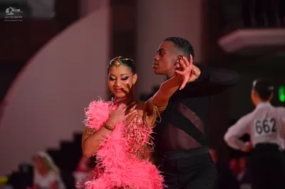 Dancesport competitor #662: Female dancer: pink Latin dress with large pink feather fringe and a nude-colore