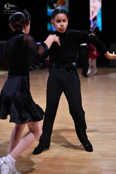 Dancesport competitor: Female dancer: black latin dance dress with sheer sleeves and a ruffled skirt