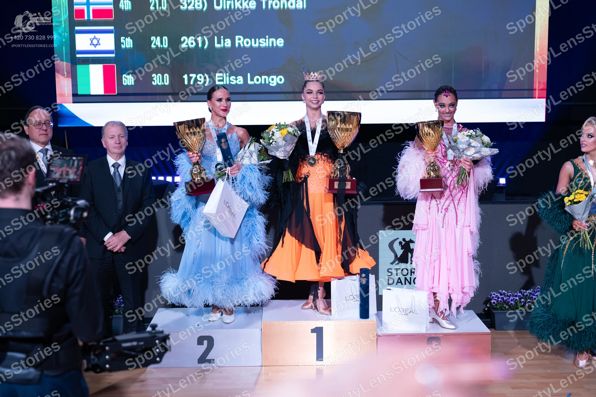 Dancesport competitor: Female dancer 1: light blue ballgown with a voluminous, ruffled/feathered skirt