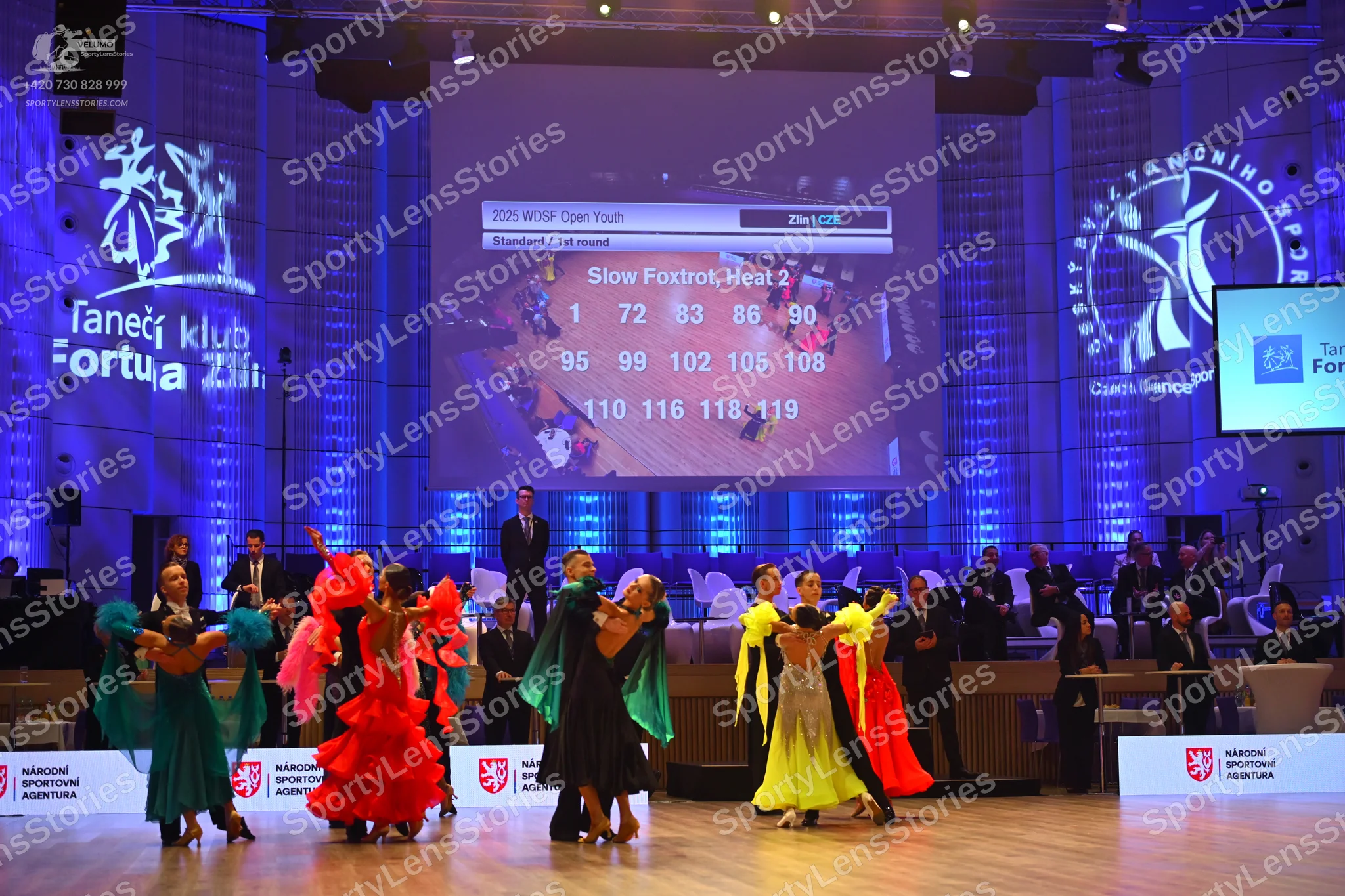 Dancesport competitor: Female dancers are wearing voluminous ballroom gowns in various colors including