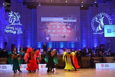 Dancesport competitor: Female dancers are wearing voluminous ballroom gowns in various colors including