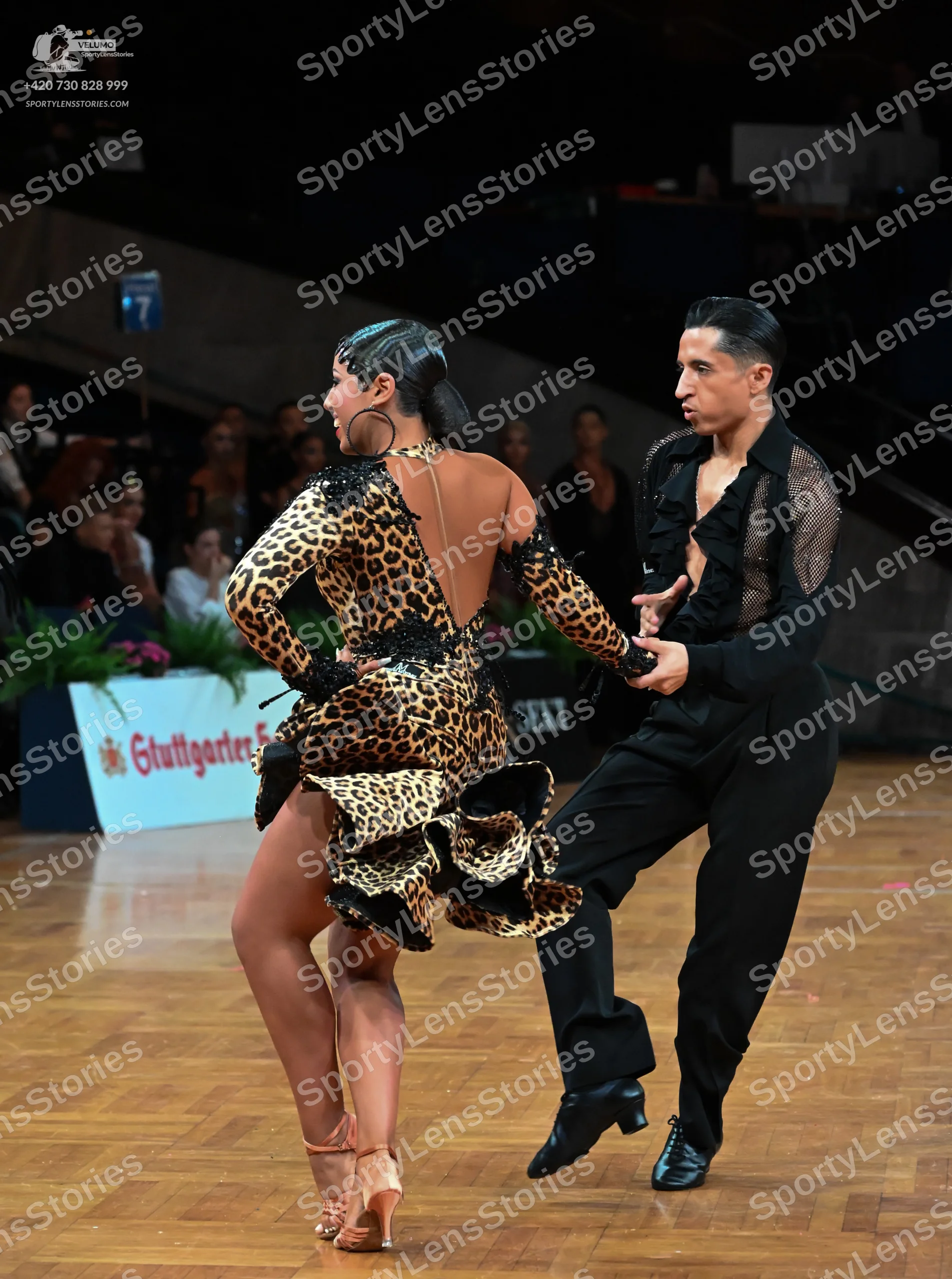 Dancesport competitor: Female dancer: leopard print latin dress with long sleeves, an open back, and a