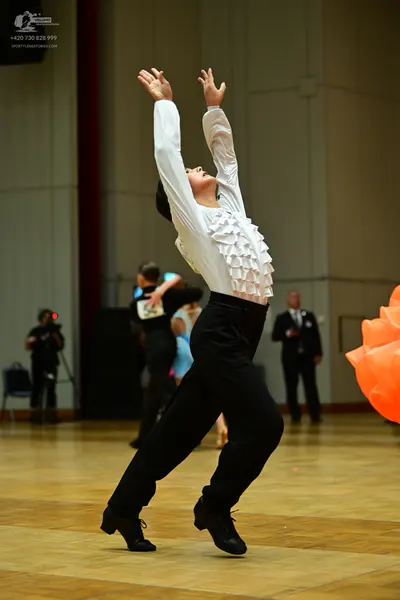 Dancesport competitor: Male dancer: white long-sleeved shirt with ruffled texture and black trousers