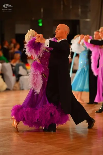 Dancesport competitor: Main female dancer: magenta Latin dress with heavy feather trim on the sleeves a