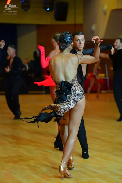 Dancesport competitor: Female dancer in foreground: leopard print latin dress with black fabric accents