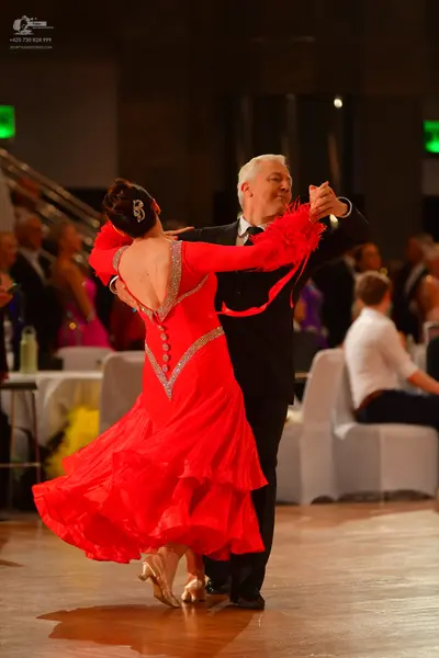 Dancesport competitor: Female dancer: red ballroom gown with long sleeves, sheer back details, and sequ